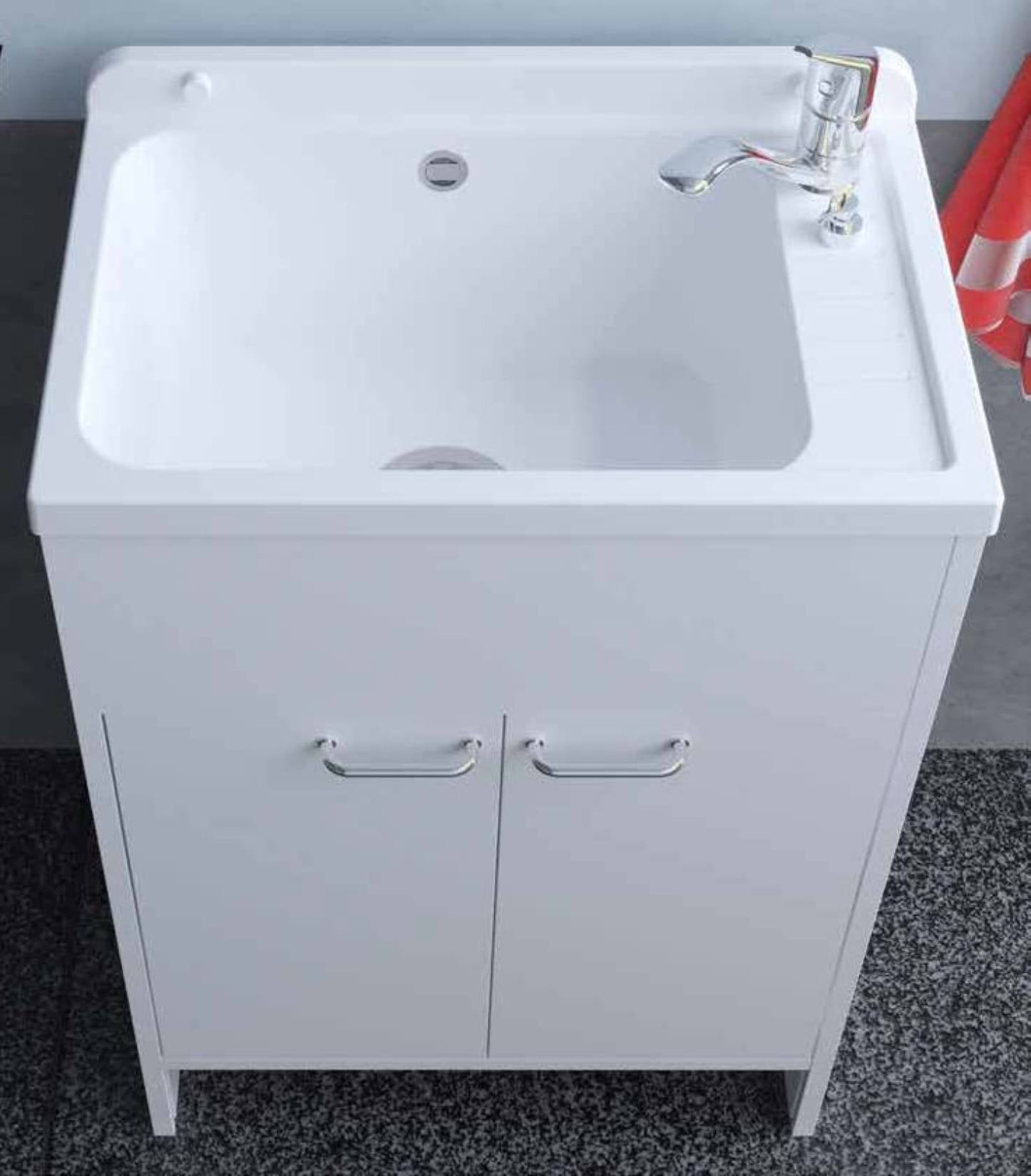 Negrari Platone 5005PKC Lavatoio Bianco Opaco 58x38 H85 cm Mobile PVC Resistente All’Acqua Ante Battenti Vasca Polipropilene Salva Spazio Fornito In Kit di Montaggio Per Lavanderia Interno Esterno Ambienti Umidi Con Scarico Sifone Pilettone Acciaio Inox