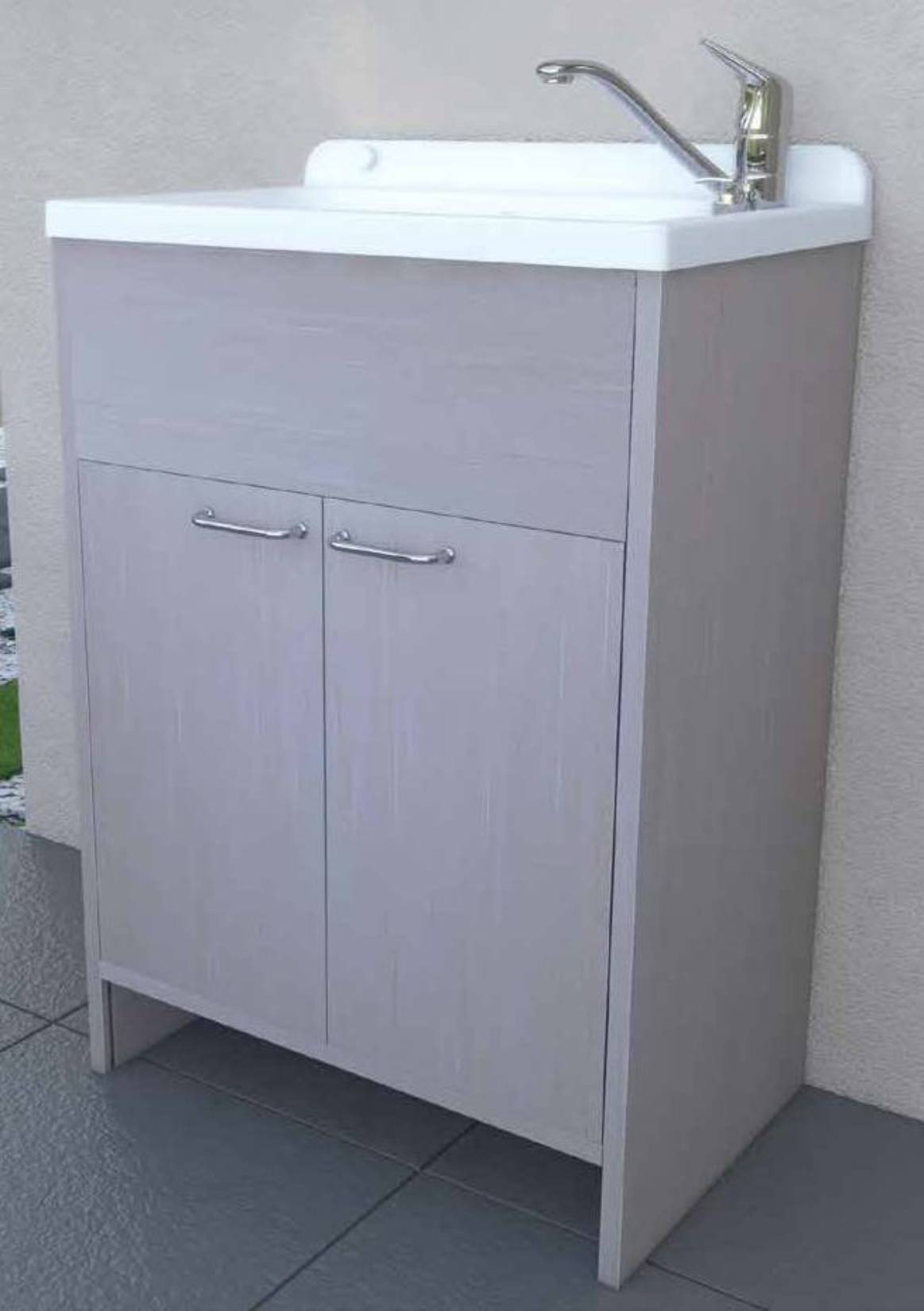 Negrari Platone 5005PKCR Lavatoio Rovere OAK 58x38 H85 cm Mobile PVC Resistente All’Acqua Ante Battenti Vasca Polipropilene Salva Spazio Fornito In Kit di Montaggio Per Lavanderia Interno Esterno Ambienti Umidi Con Scarico Sifone Pilettone Acciaio Inox