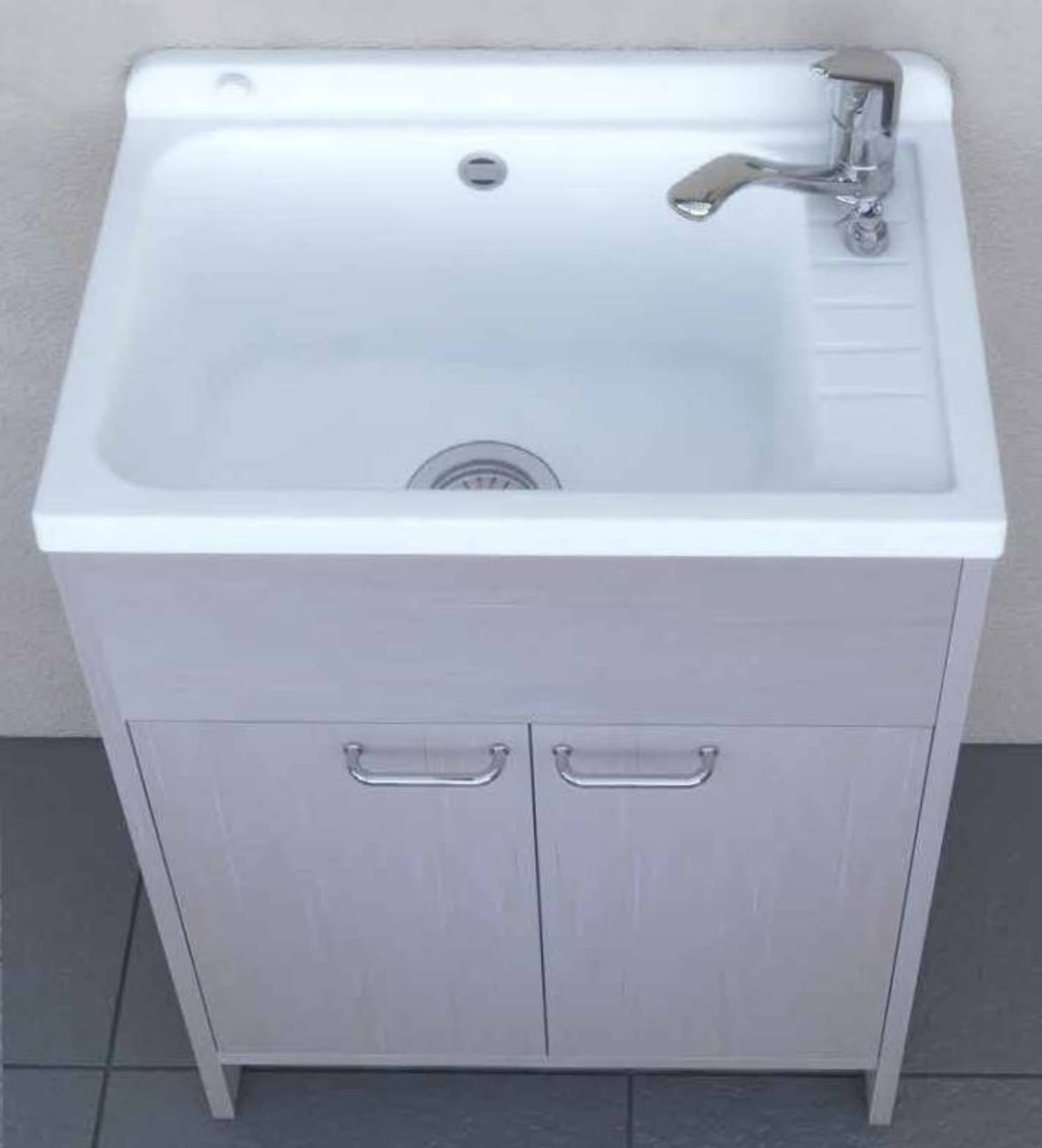 Negrari Platone 5005PKCR Lavatoio Rovere OAK 58x38 H85 cm Mobile PVC Resistente All’Acqua Ante Battenti Vasca Polipropilene Salva Spazio Fornito In Kit di Montaggio Per Lavanderia Interno Esterno Ambienti Umidi Con Scarico Sifone Pilettone Acciaio Inox