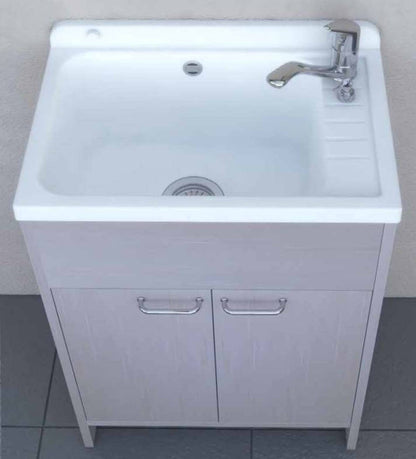 Negrari Platone 5005PKCR Lavatoio Rovere OAK 58x38 H85 cm Mobile PVC Resistente All’Acqua Ante Battenti Vasca Polipropilene Salva Spazio Fornito In Kit di Montaggio Per Lavanderia Interno Esterno Ambienti Umidi Con Scarico Sifone Pilettone Acciaio Inox