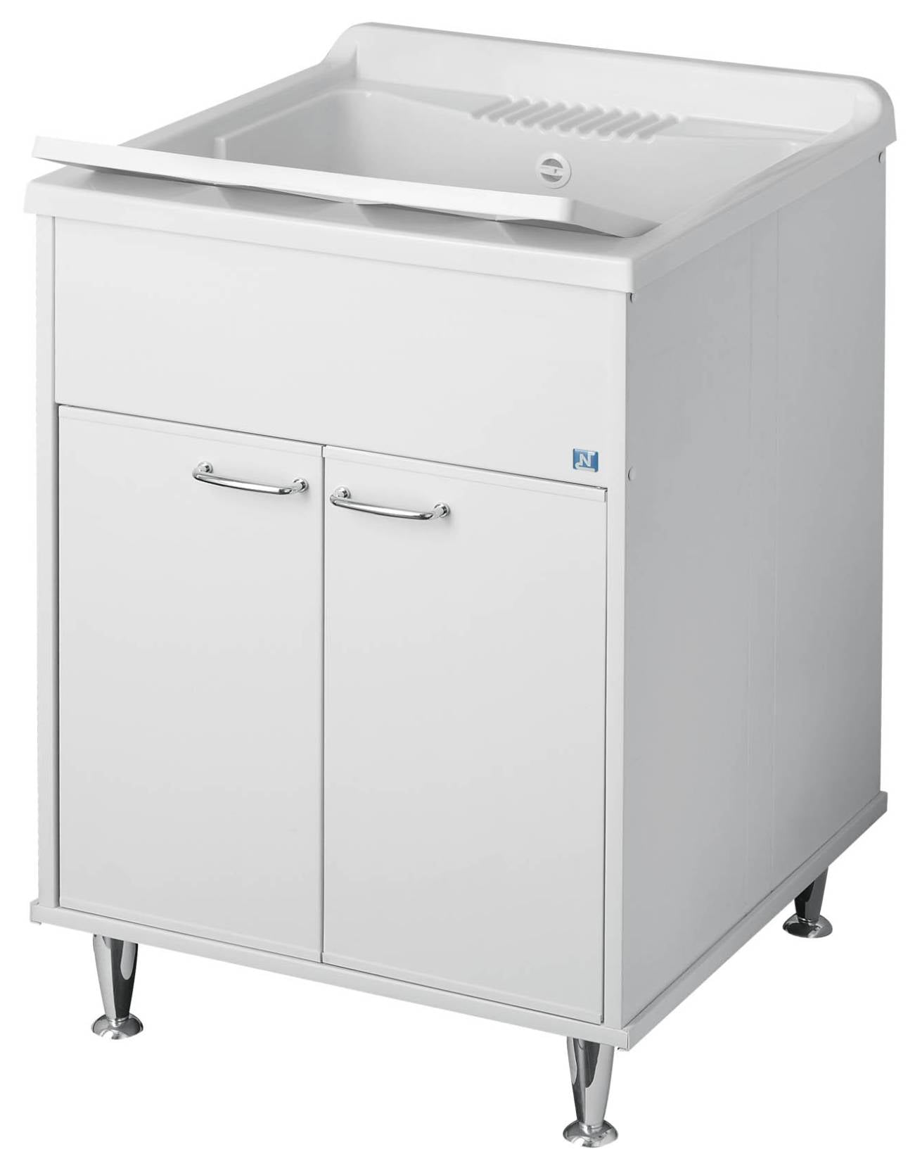 Negrari Rugiada 9042 Lavatoio Colore Bianco 60x50 H85 cm Mobile PVC Resistente Acqua Apertura Ante Battente Vasca Asse Lavaggio Polipropilene Fornito Montato Piedini Regolabili Per Lavanderia Interno Esterno Ambienti Umidi Con Scarico Sifone Troppopieno
