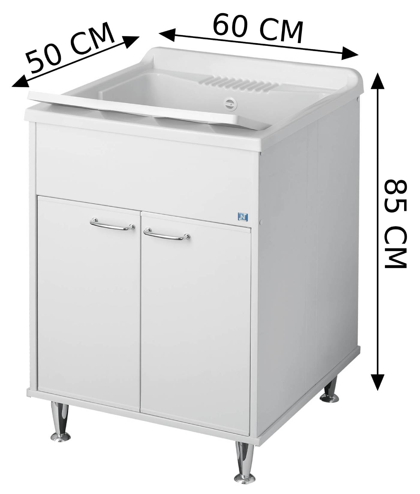 Negrari Rugiada 9042 Lavatoio Colore Bianco 60x50 H85 cm Mobile PVC Resistente Acqua Apertura Ante Battente Vasca Asse Lavaggio Polipropilene Fornito Montato Piedini Regolabili Per Lavanderia Interno Esterno Ambienti Umidi Con Scarico Sifone Troppopieno