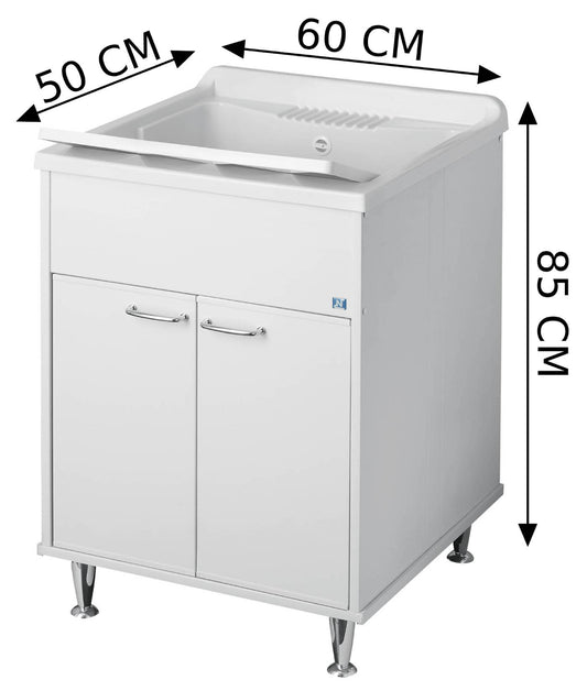 Negrari Rugiada 9042 Lavatoio Colore Bianco 60x50 H85 cm Mobile PVC Resistente Acqua Apertura Ante Battente Vasca Asse Lavaggio Polipropilene Fornito Montato Piedini Regolabili Per Lavanderia Interno Esterno Ambienti Umidi Con Scarico Sifone Troppopieno
