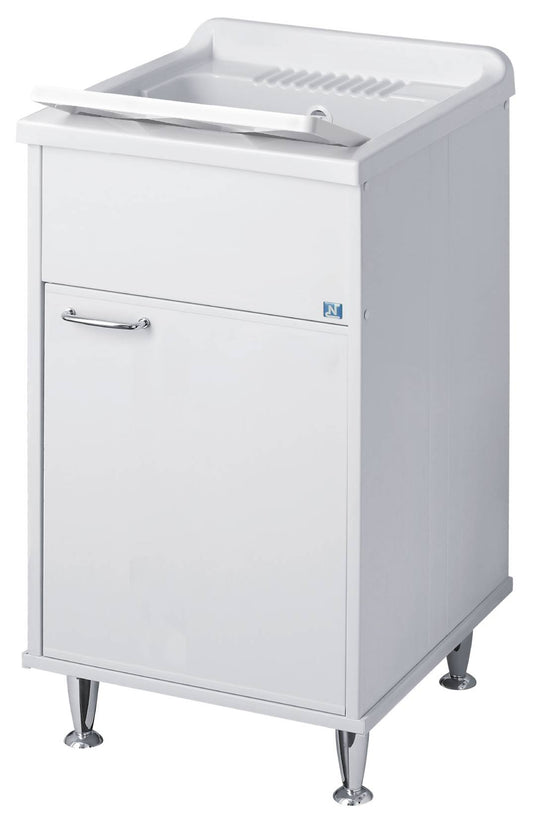 Negrari Rugiada 9043 Lavatoio Colore Bianco 50x50 H85 cm Mobile in PVC Resistente All’Acqua Apertura Battente Vasca Asse Lavaggio Polipropilene Fornito Montato Piedini Regolabili Per Lavanderia Interno Esterno Ambienti Umidi Con Scarico Sifone Troppopieno