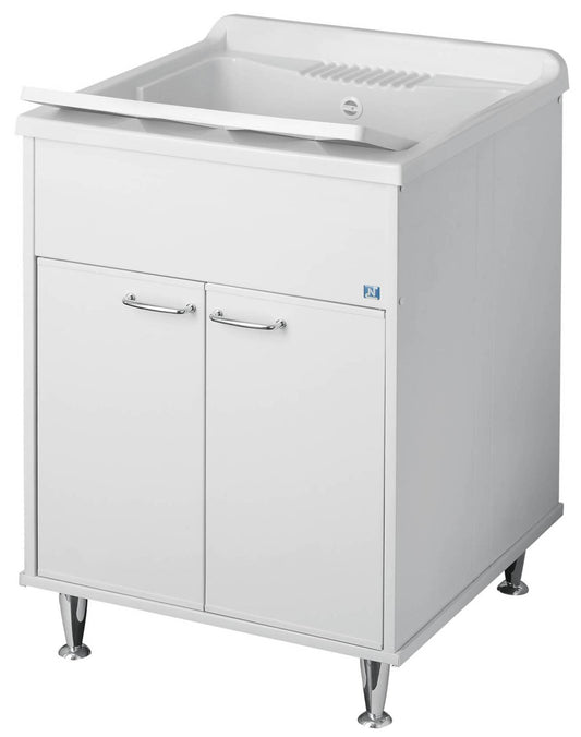 Negrari Rugiada 9047 Lavatoio Colore Bianco 60x60 H85 cm Mobile PVC Resistente Acqua Apertura Ante Battente Vasca Asse Lavaggio Polipropilene Fornito Montato Piedini Regolabili Per Lavanderia Interno Esterno Ambienti Umidi Con Scarico Sifone Troppopieno