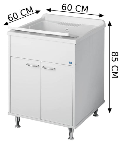 Negrari Rugiada 9047 Lavatoio Colore Bianco 60x60 H85 cm Mobile PVC Resistente Acqua Apertura Ante Battente Vasca Asse Lavaggio Polipropilene Fornito Montato Piedini Regolabili Per Lavanderia Interno Esterno Ambienti Umidi Con Scarico Sifone Troppopieno