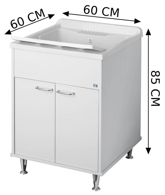 Negrari Rugiada 9047 Lavatoio Colore Bianco 60x60 H85 cm Mobile PVC Resistente Acqua Apertura Ante Battente Vasca Asse Lavaggio Polipropilene Fornito Montato Piedini Regolabili Per Lavanderia Interno Esterno Ambienti Umidi Con Scarico Sifone Troppopieno