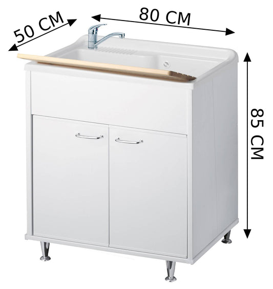 Negrari Rugiada 9040/LE Lavatoio Bianco 80x50 H85 cm Mobile PVC Resistente Acqua Apertura Ante Battente Vasca Polipropilene Asse Lavaggio Legno Fornito Montato Piedini Regolabili Per Lavanderia Interno Esterno Ambienti Umidi Con Scarico Sifone Troppopieno