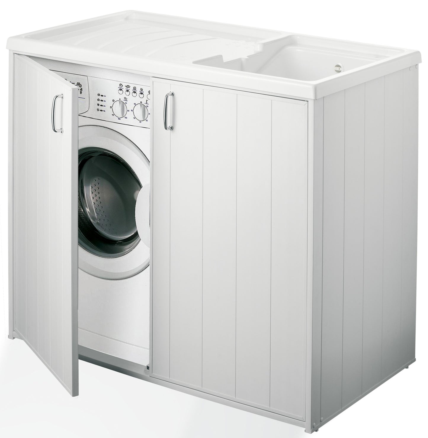 Negrari Silvestro Esterno 5008PM Lavatoio Coprilavatrice Montato Bianco 109x60 H92 cm Vasca Reversibile Destra Sinistra Mobile PVC Resistente All’Acqua Apertura Anta Battente Lavabo Asse Polipropilene Sifone Piedini Per Lavanderia Interno Ambienti Umidi