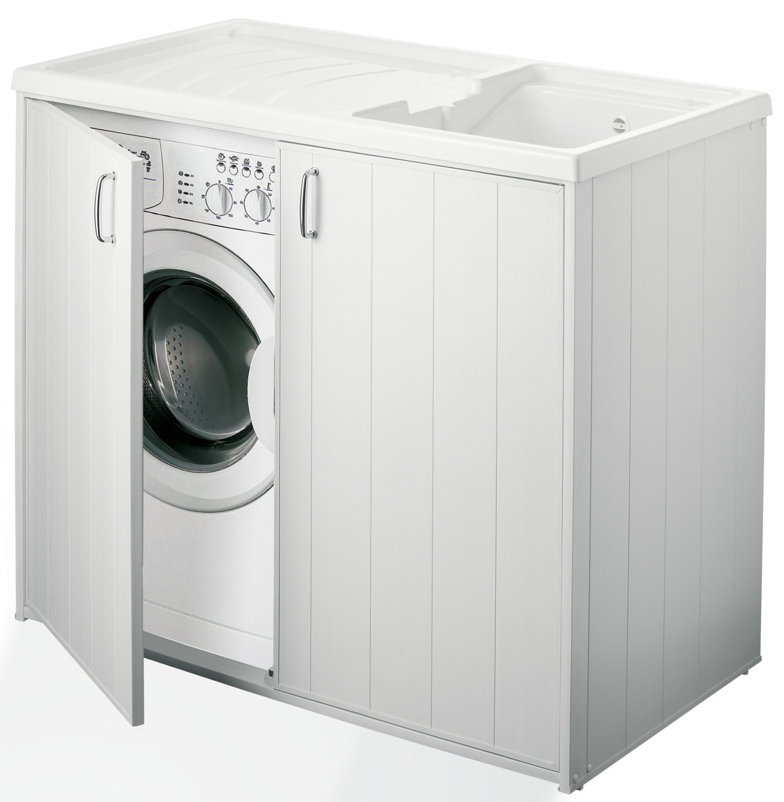 Negrari Silvestro Esterno 5008PM Lavatoio Coprilavatrice Montato Bianco 109x60 H92 cm Vasca Reversibile Destra Sinistra Mobile PVC Resistente All’Acqua Apertura Anta Battente Lavabo Asse Polipropilene Sifone Piedini Per Lavanderia Interno Ambienti Umidi