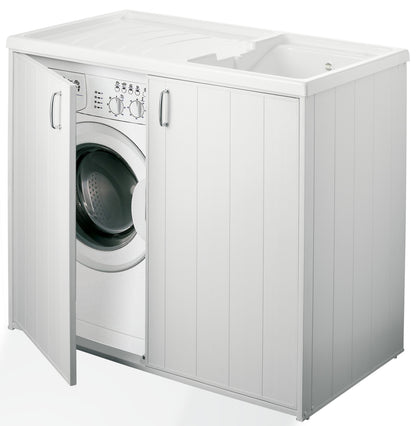 Negrari Silvestro Esterno 5008PM Lavatoio Coprilavatrice Montato Bianco 109x60 H92 cm Vasca Reversibile Destra Sinistra Mobile PVC Resistente All’Acqua Apertura Anta Battente Lavabo Asse Polipropilene Sifone Piedini Per Lavanderia Interno Ambienti Umidi