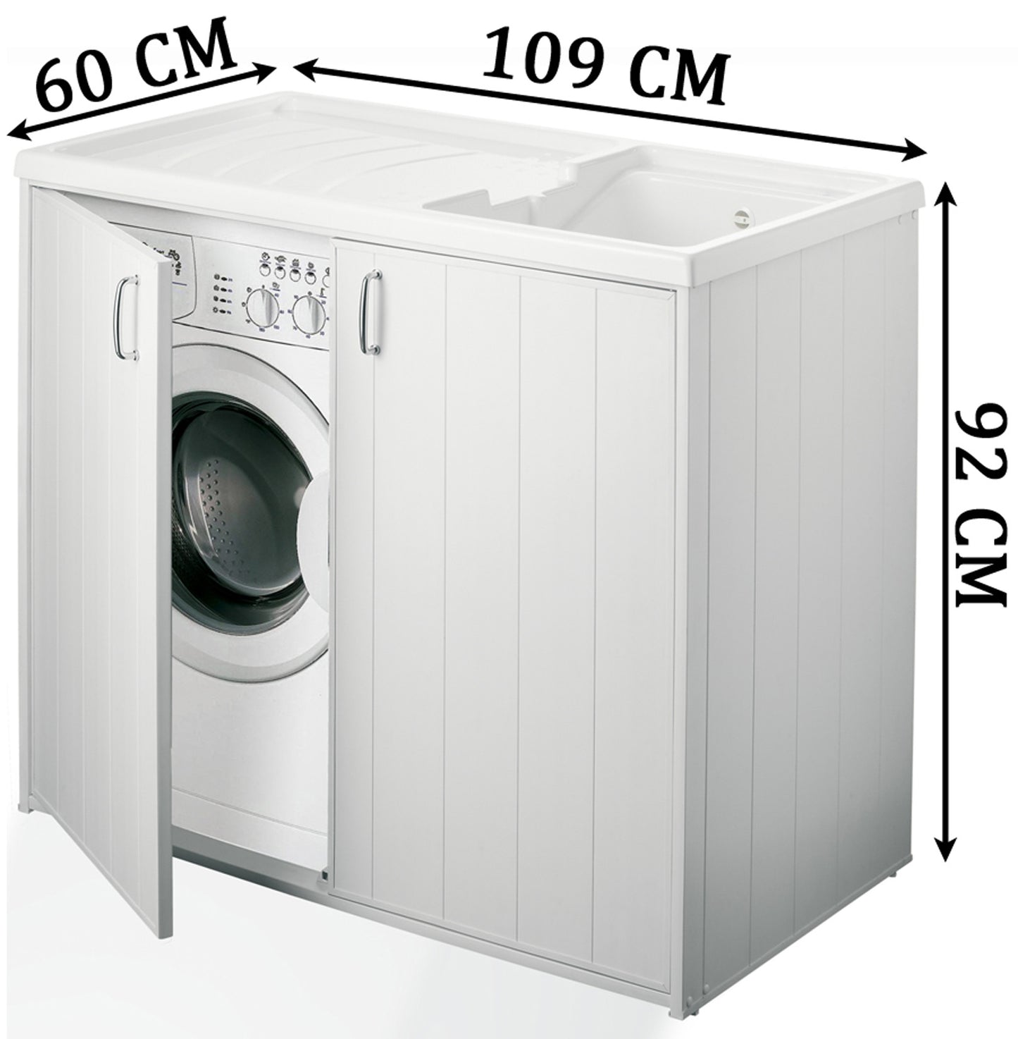Negrari Silvestro Esterno 5008PM Lavatoio Coprilavatrice Montato Bianco 109x60 H92 cm Vasca Reversibile Destra Sinistra Mobile PVC Resistente All’Acqua Apertura Anta Battente Lavabo Asse Polipropilene Sifone Piedini Per Lavanderia Interno Ambienti Umidi