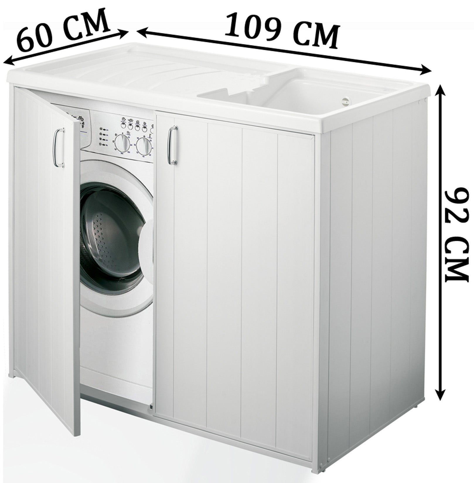 Negrari Silvestro Esterno 5008PM Lavatoio Coprilavatrice Montato Bianco 109x60 H92 cm Vasca Reversibile Destra Sinistra Mobile PVC Resistente All’Acqua Apertura Anta Battente Lavabo Asse Polipropilene Sifone Piedini Per Lavanderia Interno Ambienti Umidi