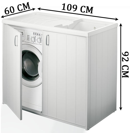 Negrari Silvestro Esterno 5008PM Lavatoio Coprilavatrice Montato Bianco 109x60 H92 cm Vasca Reversibile Destra Sinistra Mobile PVC Resistente All’Acqua Apertura Anta Battente Lavabo Asse Polipropilene Sifone Piedini Per Lavanderia Interno Ambienti Umidi