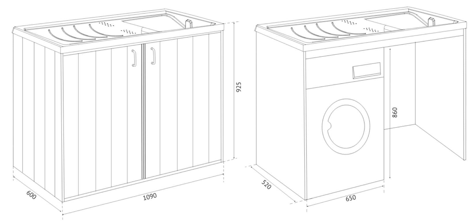 Negrari Silvestro Esterno 5008PM Lavatoio Coprilavatrice Montato Bianco 109x60 H92 cm Vasca Reversibile Destra Sinistra Mobile PVC Resistente All’Acqua Apertura Anta Battente Lavabo Asse Polipropilene Sifone Piedini Per Lavanderia Interno Ambienti Umidi