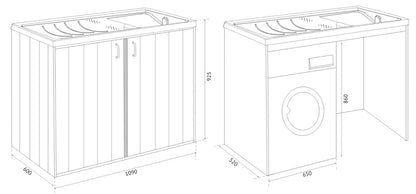 Negrari Silvestro Esterno 5008PM Lavatoio Coprilavatrice Montato Bianco 109x60 H92 cm Vasca Reversibile Destra Sinistra Mobile PVC Resistente All’Acqua Apertura Anta Battente Lavabo Asse Polipropilene Sifone Piedini Per Lavanderia Interno Ambienti Umidi