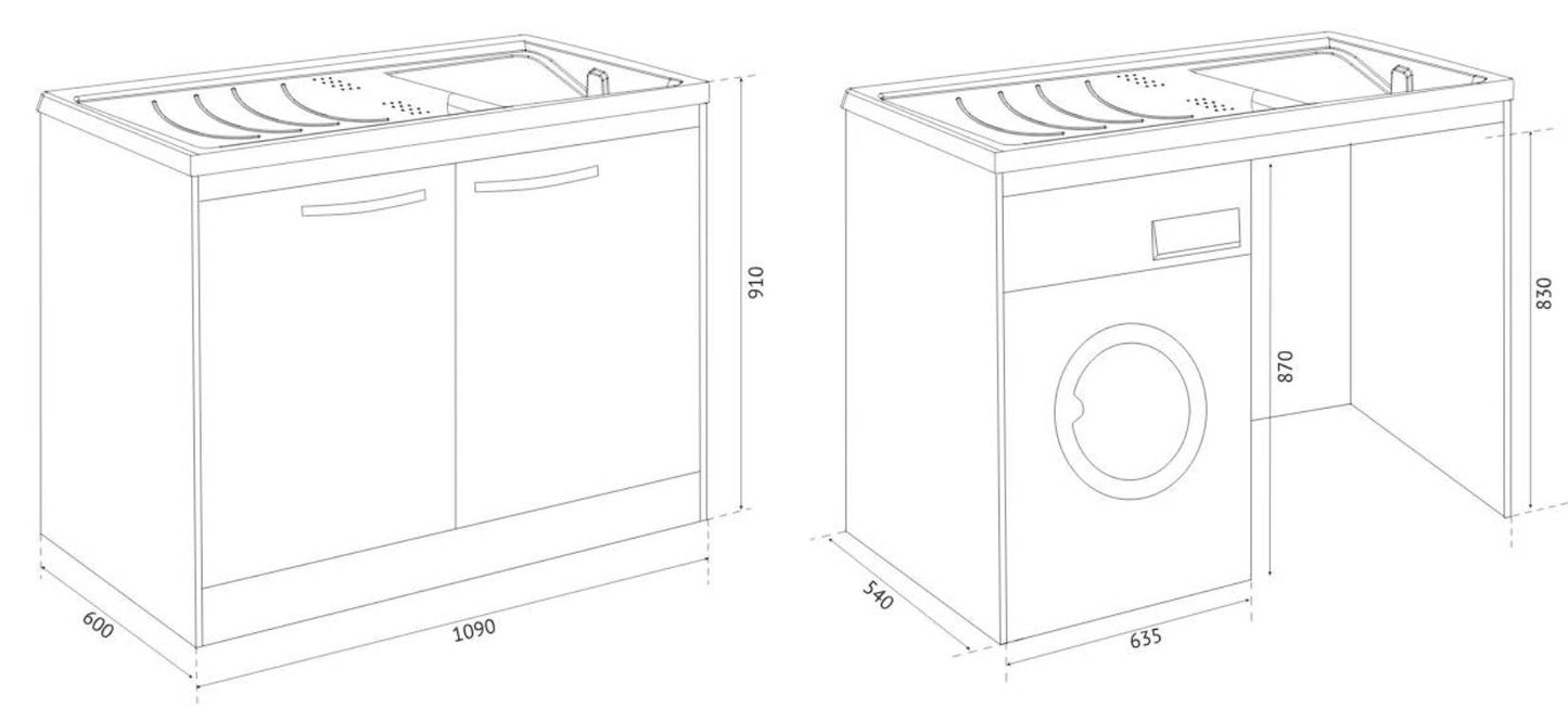 Negrari Silvestro Interno 5008 Lavatoio Copri Lavatrice Montato Bianco 109x60 H90,5 Mobile Lavanderia Nobilitato Idrofugo Chiuso Vasca Polipropilene Reversibile Sinistra Destra Chiusura 2 Ante Battenti Rallentate Asse Lavaggio Legno Sifone Piletta Piedini
