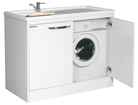 Negrari Silvestro Interno 5008 Lavatoio Copri Lavatrice Montato Bianco 109x60 H90,5 Mobile Lavanderia Nobilitato Idrofugo Chiuso Vasca Polipropilene Reversibile Sinistra Destra Chiusura 2 Ante Battenti Rallentate Asse Lavaggio Legno Sifone Piletta Piedini