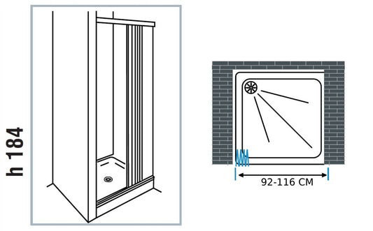 Negrari Styletech Professional S1S116 Box Doccia Estensibile e Riducibile 1 Lato Larghezza da 92 a 116 H184 cm Installazione Porta a Nicchia Colore Bianco Apertura Anta Scorrevole a Soffietto Reversibile Profili PVC Pannelli Infrangibili Antiingiallenti