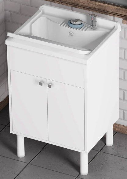 Negrari Uniko 9052K Lavatoio Bianco 60x50 H83,5 cm Mobile PVC Resistente All’Acqua Ante Battenti Vasca Asse Lavaggio Polipropilene Fornito In Kit di Montaggio Piedini Regolabili Per Lavanderia Interno Esterno Ambienti Umidi Con Scarico Sifone Troppopieno