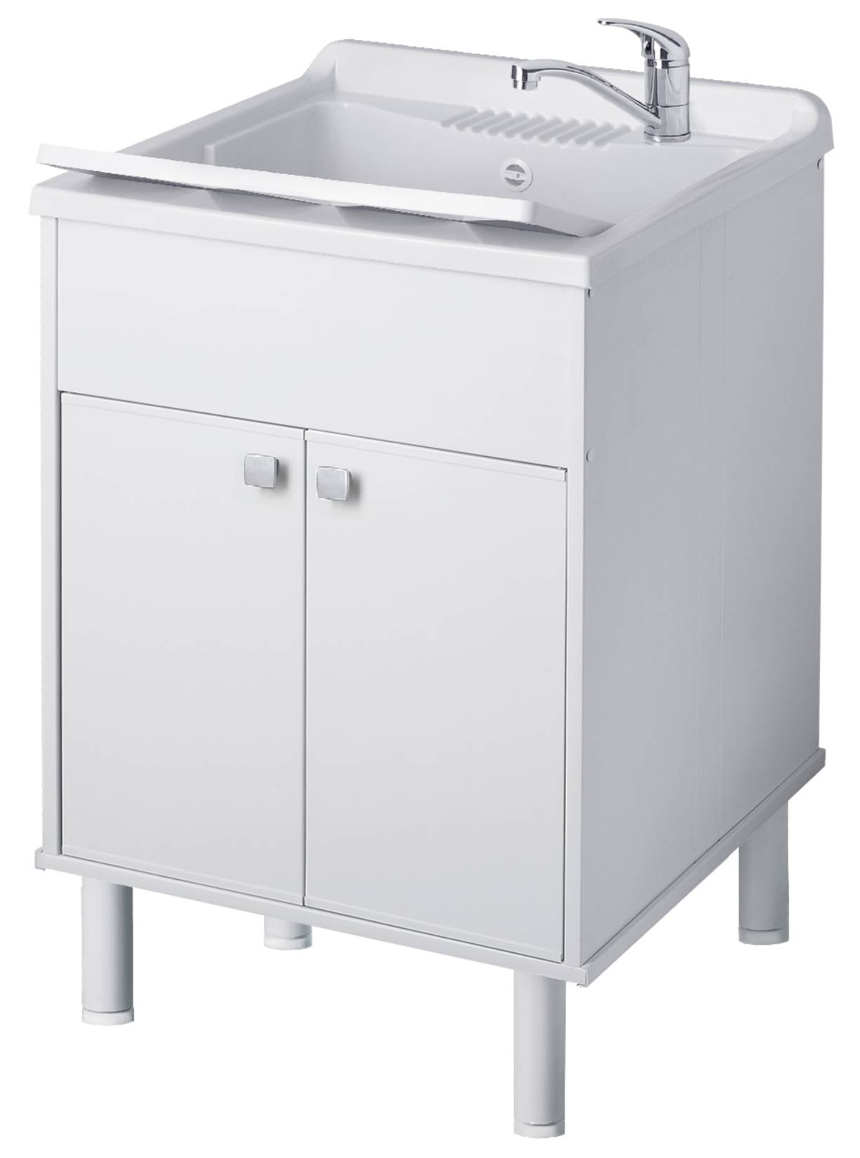 Negrari Uniko 9052K Lavatoio Bianco 60x50 H83,5 cm Mobile PVC Resistente All’Acqua Ante Battenti Vasca Asse Lavaggio Polipropilene Fornito In Kit di Montaggio Piedini Regolabili Per Lavanderia Interno Esterno Ambienti Umidi Con Scarico Sifone Troppopieno