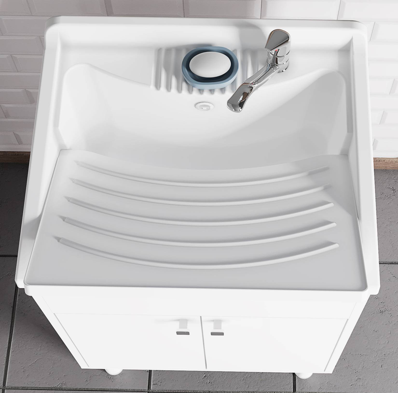 Negrari Uniko 9052K Lavatoio Bianco 60x50 H83,5 cm Mobile PVC Resistente All’Acqua Ante Battenti Vasca Asse Lavaggio Polipropilene Fornito In Kit di Montaggio Piedini Regolabili Per Lavanderia Interno Esterno Ambienti Umidi Con Scarico Sifone Troppopieno
