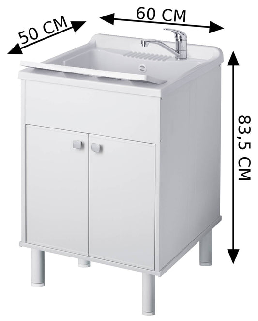 Negrari Uniko 9052K Lavatoio Bianco 60x50 H83,5 cm Mobile PVC Resistente All’Acqua Ante Battenti Vasca Asse Lavaggio Polipropilene Fornito In Kit di Montaggio Piedini Regolabili Per Lavanderia Interno Esterno Ambienti Umidi Con Scarico Sifone Troppopieno