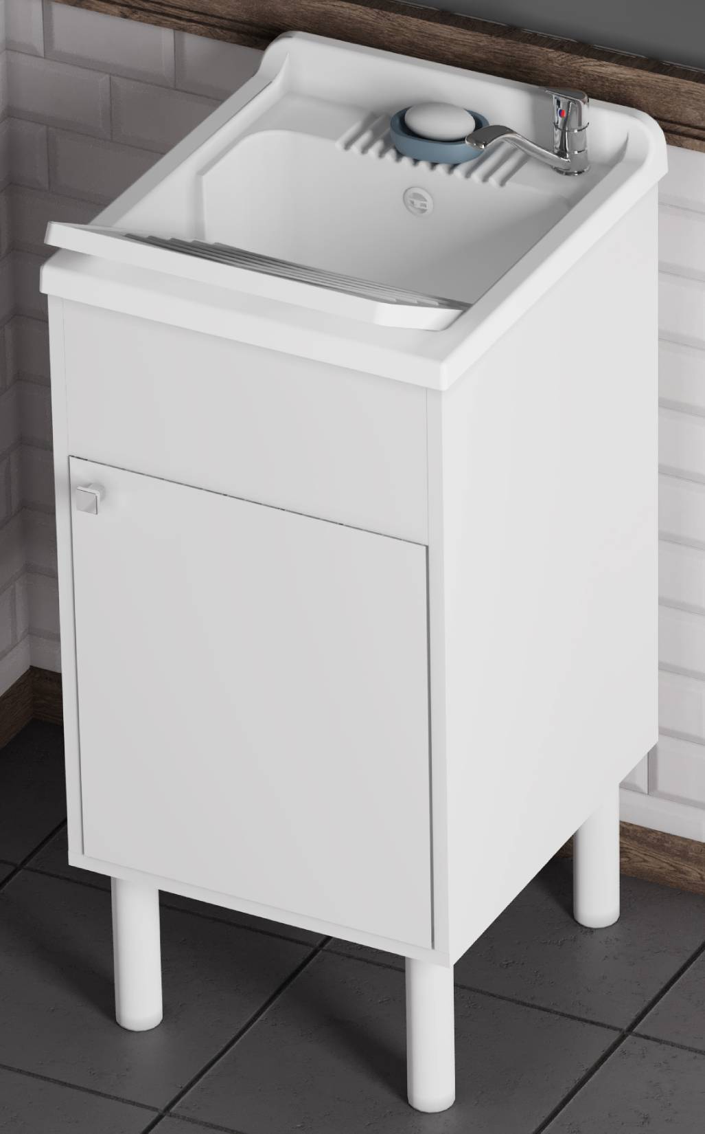 Negrari Uniko 9056K Lavatoio Bianco 45x50 H83,5 cm Mobile PVC Resistente All’Acqua Anta Battente Vasca Asse Lavaggio Polipropilene Fornito In Kit di Montaggio Piedini Regolabili Per Lavanderia Interno Esterno Ambienti Umidi Con Scarico Sifone Troppopieno