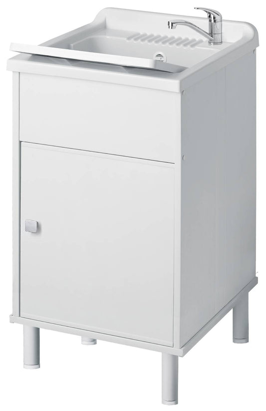 Negrari Uniko 9056K Lavatoio Bianco 45x50 H83,5 cm Mobile PVC Resistente All’Acqua Anta Battente Vasca Asse Lavaggio Polipropilene Fornito In Kit di Montaggio Piedini Regolabili Per Lavanderia Interno Esterno Ambienti Umidi Con Scarico Sifone Troppopieno
