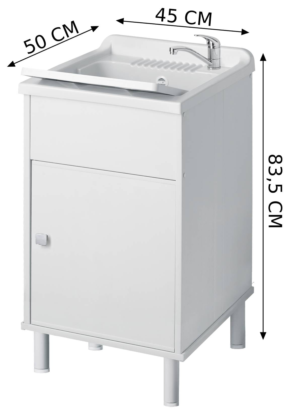 Negrari Uniko 9056K Lavatoio Bianco 45x50 H83,5 cm Mobile PVC Resistente All’Acqua Anta Battente Vasca Asse Lavaggio Polipropilene Fornito In Kit di Montaggio Piedini Regolabili Per Lavanderia Interno Esterno Ambienti Umidi Con Scarico Sifone Troppopieno