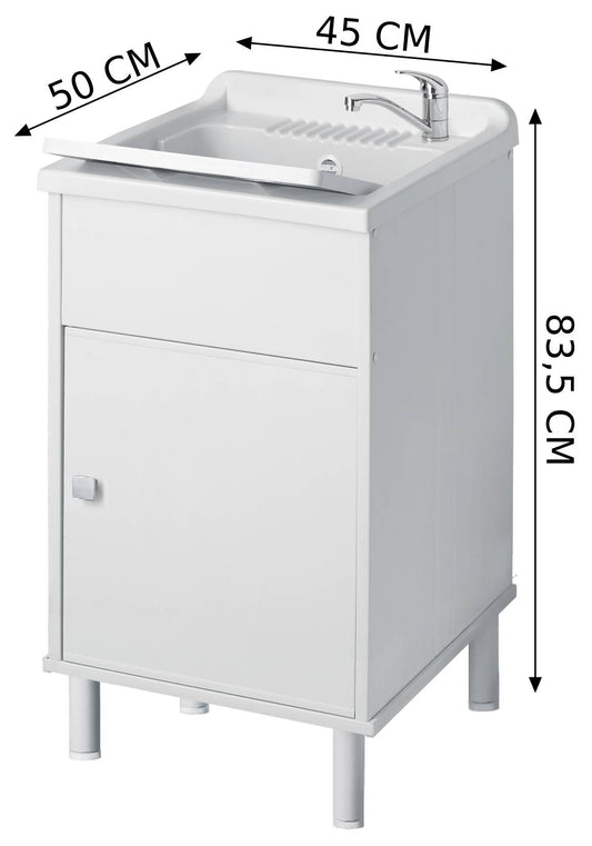 Negrari Uniko 9056K Lavatoio Bianco 45x50 H83,5 cm Mobile PVC Resistente All’Acqua Anta Battente Vasca Asse Lavaggio Polipropilene Fornito In Kit di Montaggio Piedini Regolabili Per Lavanderia Interno Esterno Ambienti Umidi Con Scarico Sifone Troppopieno