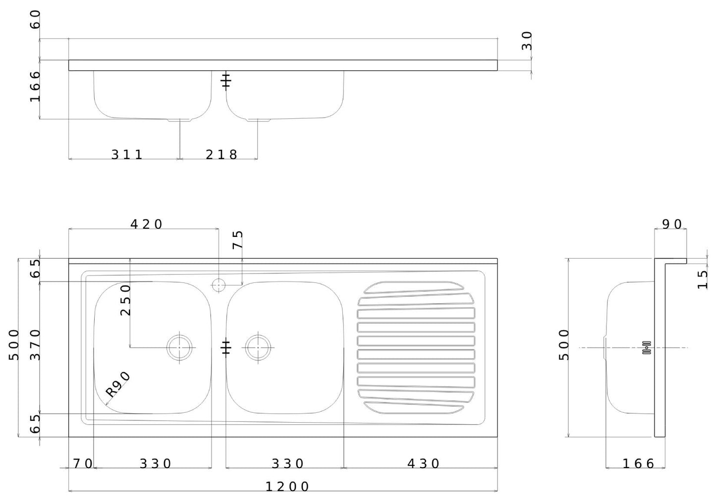 Negrari Vasche Inox 12050DX Lavello ad Incasso Lavandino per Cucina in Acciaio Misura 120x50 H16,6 cm Con Gocciolatoio Appoggio Ripiano a Destra e 2 Vasche a Sinistra Con Sifone Autopulente Completo di Piletta e Troppopieno