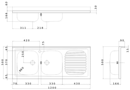Negrari Vasche Inox 12050DX Lavello ad Incasso Lavandino per Cucina in Acciaio Misura 120x50 H16,6 cm Con Gocciolatoio Appoggio Ripiano a Destra e 2 Vasche a Sinistra Con Sifone Autopulente Completo di Piletta e Troppopieno