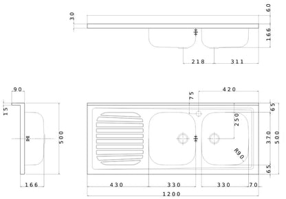 Negrari Vasche Inox 12050SX Lavello ad Incasso Lavandino per Cucina in Acciaio Misura 120x50 H16,6 cm Con Gocciolatoio Appoggio Ripiano a Sinistra e 2 Vasche a Destra Con Sifone Autopulente Completo di Piletta e Troppopieno