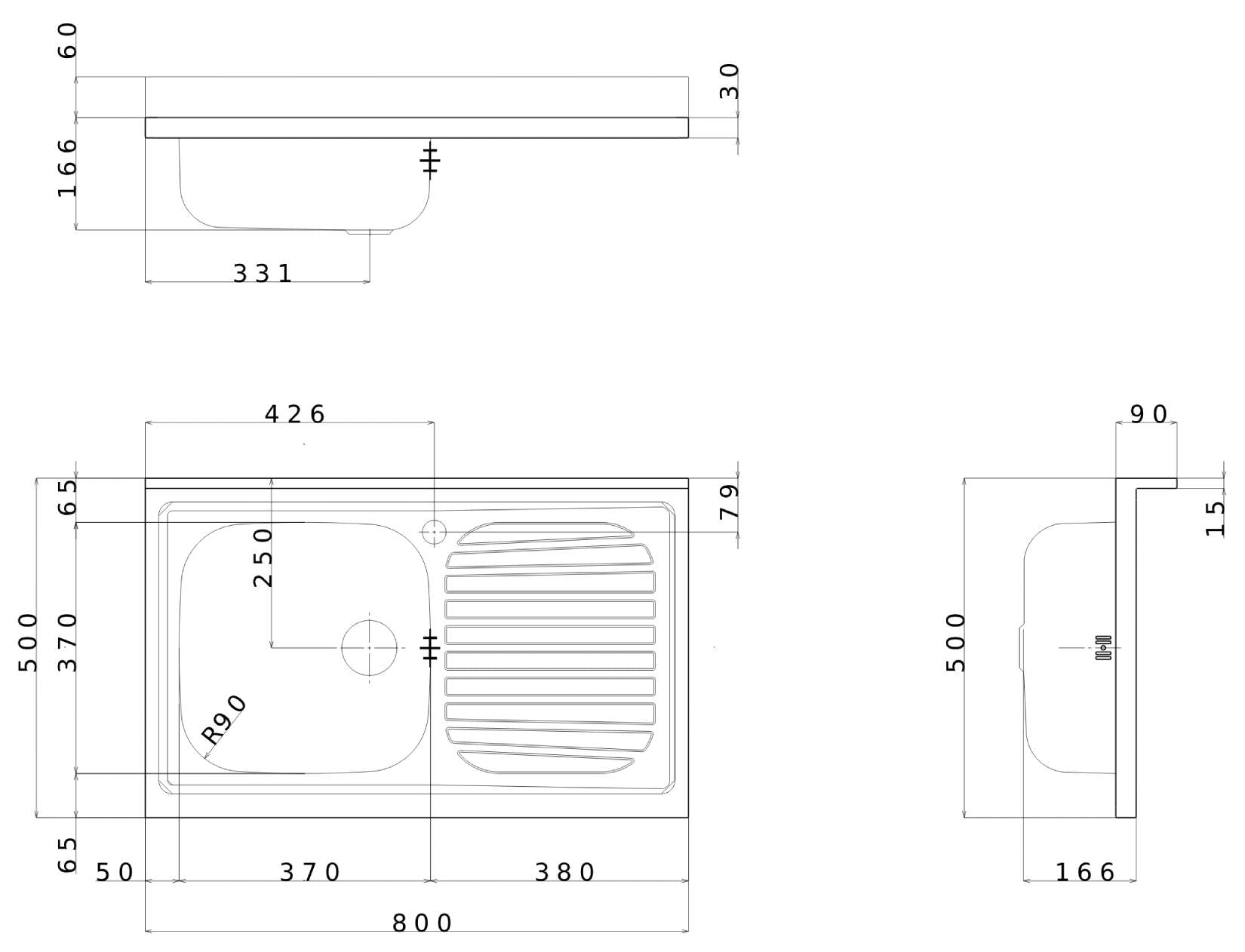 Negrari Vasche Inox 8050DX Lavello per Cucina in Acciaio Misura 80x50 H16,6 cm Con Gocciolatoio Appoggio Ripiano a Destra e 1 Vasca a Sinistra Con Sifone Autopulente Completo di Piletta e Troppopieno