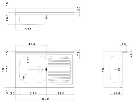 Negrari Vasche Inox 8050DX Lavello per Cucina in Acciaio Misura 80x50 H16,6 cm Con Gocciolatoio Appoggio Ripiano a Destra e 1 Vasca a Sinistra Con Sifone Autopulente Completo di Piletta e Troppopieno