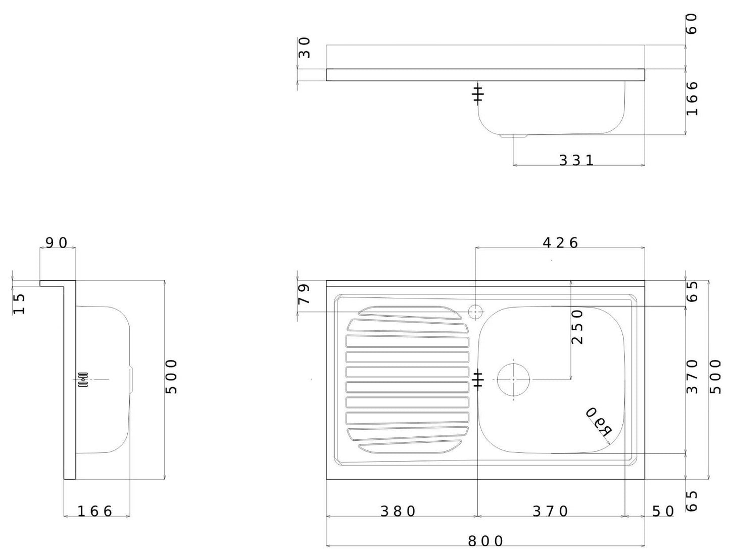 Negrari Vasche Inox 8050SX Lavello per Cucina in Acciaio Misura 80x50 H16,6 cm Con Gocciolatoio Appoggio Ripiano a Sinistra e 1 Vasca a Destra Con Sifone Autopulente Completo di Piletta e Troppopieno