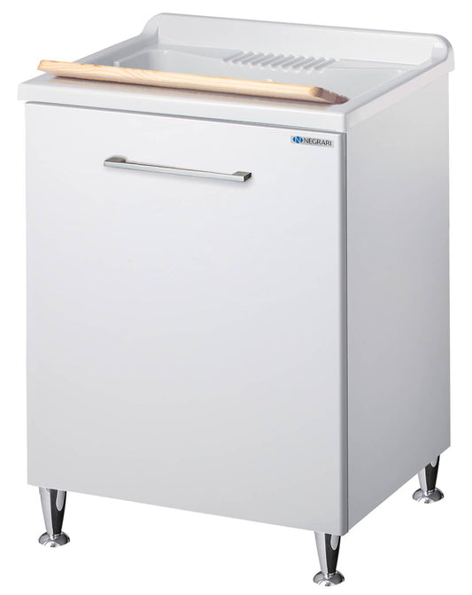 Negrari Vincente 3002R Lavatoio Bianco Lucido 60x50 H85 cm Mobile Lavanderia Montato Nobilitato Idrofugo Per Interno Anta Angoli Stondati Apertura a Ribalta Vasca Polipropilene Asse Lavaggio Legno Cestone Portabiancheria Estraibile Sifone Piletta Piedi