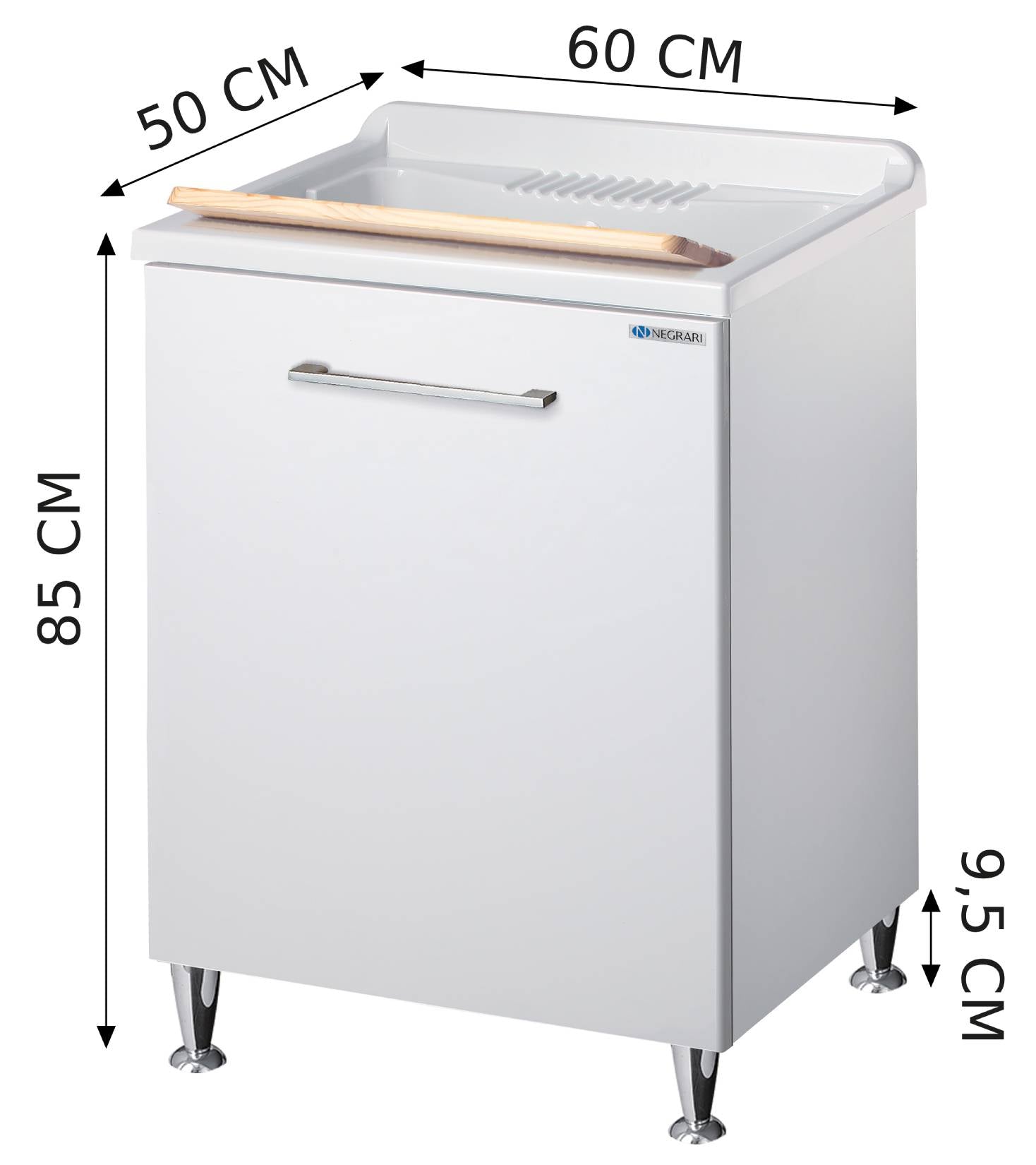 Negrari Vincente 3002R Lavatoio Bianco Lucido 60x50 H85 cm Mobile Lavanderia Montato Nobilitato Idrofugo Per Interno Anta Angoli Stondati Apertura a Ribalta Vasca Polipropilene Asse Lavaggio Legno Cestone Portabiancheria Estraibile Sifone Piletta Piedi
