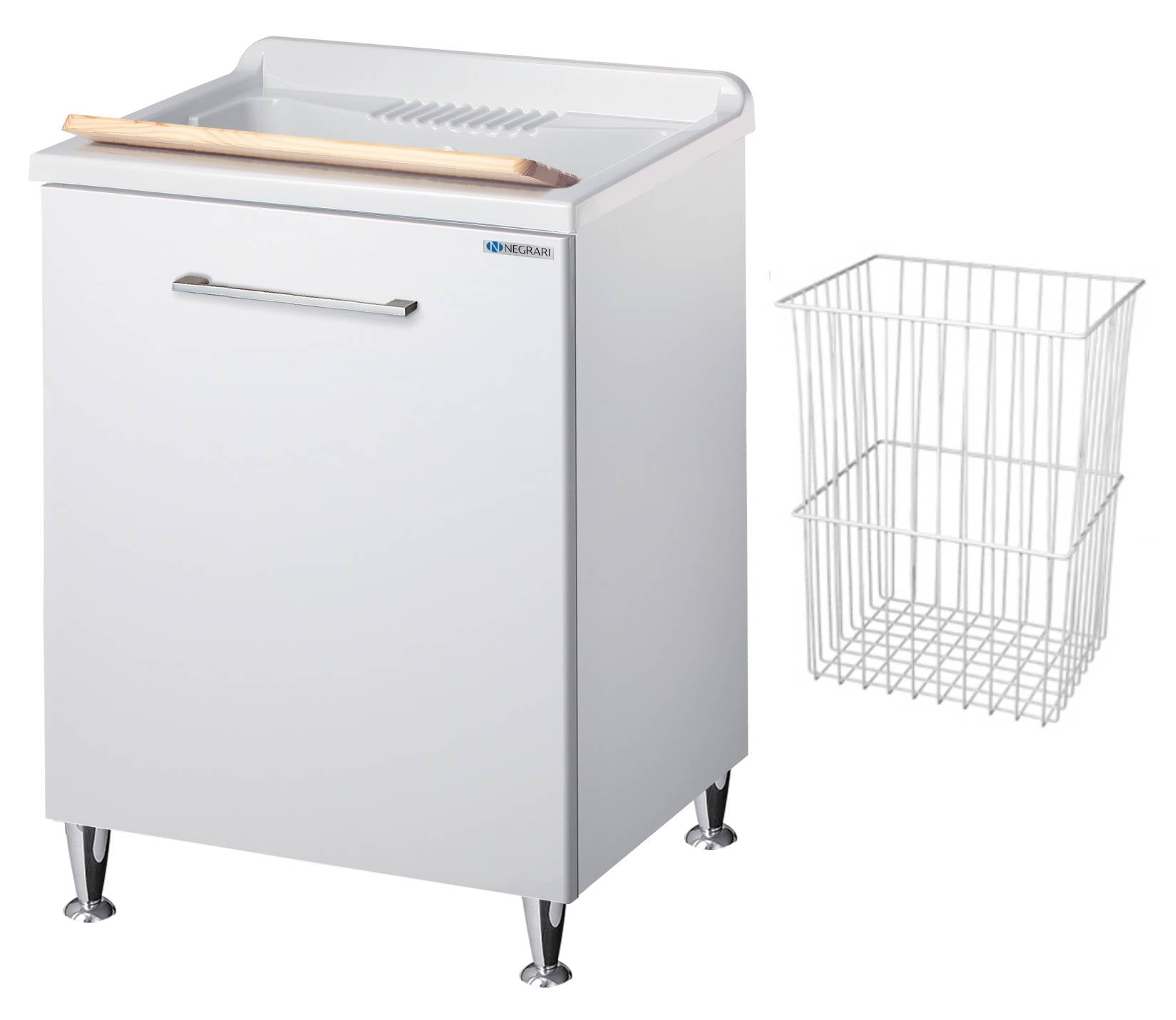 Negrari Vincente 3002R Lavatoio Bianco Lucido 60x50 H85 cm Mobile Lavanderia Montato Nobilitato Idrofugo Per Interno Anta Angoli Stondati Apertura a Ribalta Vasca Polipropilene Asse Lavaggio Legno Cestone Portabiancheria Estraibile Sifone Piletta Piedi
