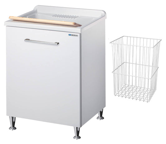 Negrari Vincente 3002R Lavatoio Bianco Lucido 60x50 H85 cm Mobile Lavanderia Montato Nobilitato Idrofugo Per Interno Anta Angoli Stondati Apertura a Ribalta Vasca Polipropilene Asse Lavaggio Legno Cestone Portabiancheria Estraibile Sifone Piletta Piedi