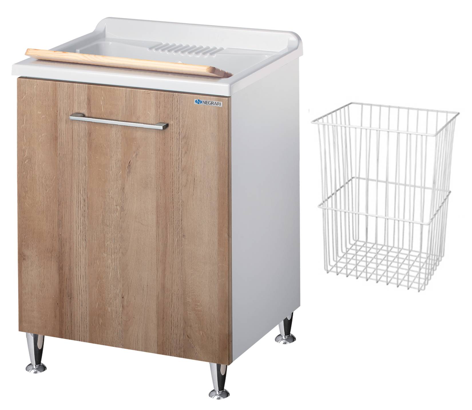 Negrari Vincente 3002RLE Lavatoio Bianco e Legno Natural 60x50 H85 cm Mobile Lavanderia Montato Nobilitato Idrofugo Per Interno Anta Angoli Stondati Apertura a Ribalta Vasca Polipropilene Asse Legno Cestone Portabiancheria Estraibile Sifone Piletta Piedi