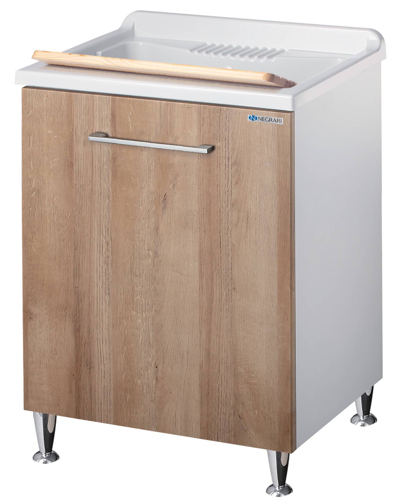 Negrari Vincente 3002RLE Lavatoio Bianco e Legno Natural 60x50 H85 cm Mobile Lavanderia Montato Nobilitato Idrofugo Per Interno Anta Angoli Stondati Apertura a Ribalta Vasca Polipropilene Asse Legno Cestone Portabiancheria Estraibile Sifone Piletta Piedi