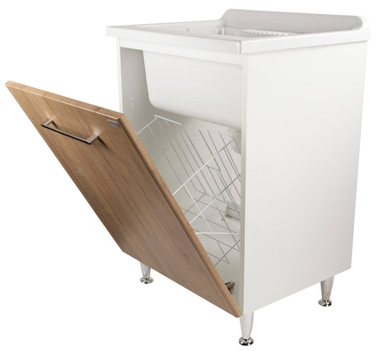 Negrari Vincente 3002RLE Lavatoio Bianco e Legno Natural 60x50 H85 cm Mobile Lavanderia Montato Nobilitato Idrofugo Per Interno Anta Angoli Stondati Apertura a Ribalta Vasca Polipropilene Asse Legno Cestone Portabiancheria Estraibile Sifone Piletta Piedi