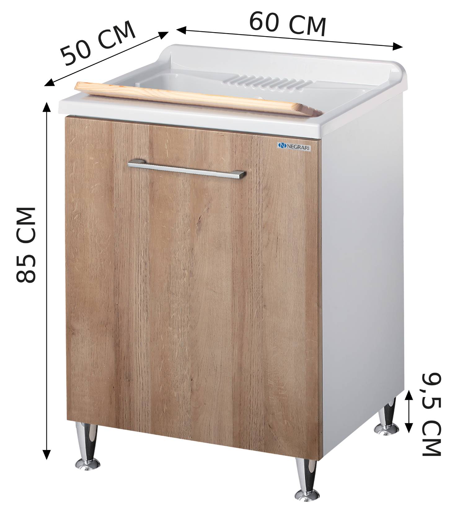 Negrari Vincente 3002RLE Lavatoio Bianco e Legno Natural 60x50 H85 cm Mobile Lavanderia Montato Nobilitato Idrofugo Per Interno Anta Angoli Stondati Apertura a Ribalta Vasca Polipropilene Asse Legno Cestone Portabiancheria Estraibile Sifone Piletta Piedi
