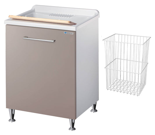 Negrari Vincente 3002RSG Lavatoio Bianco e Grigio Pietra 60x50 H85 cm Mobile Lavanderia Montato Nobilitato Idrofugo Per Interno Anta Angoli Stondati Apertura a Ribalta Vasca Polipropilene Asse Legno Cestone Portabiancheria Estraibile Sifone Piletta Piedi