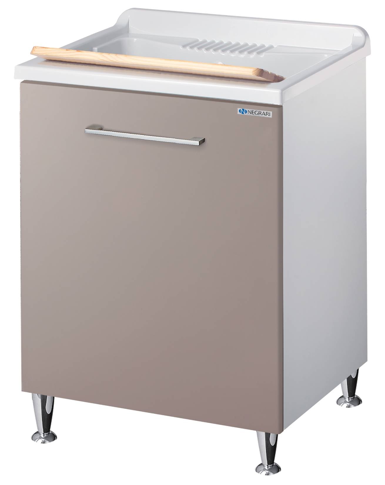 Negrari Vincente 3002RSG Lavatoio Bianco e Grigio Pietra 60x50 H85 cm Mobile Lavanderia Montato Nobilitato Idrofugo Per Interno Anta Angoli Stondati Apertura a Ribalta Vasca Polipropilene Asse Legno Cestone Portabiancheria Estraibile Sifone Piletta Piedi