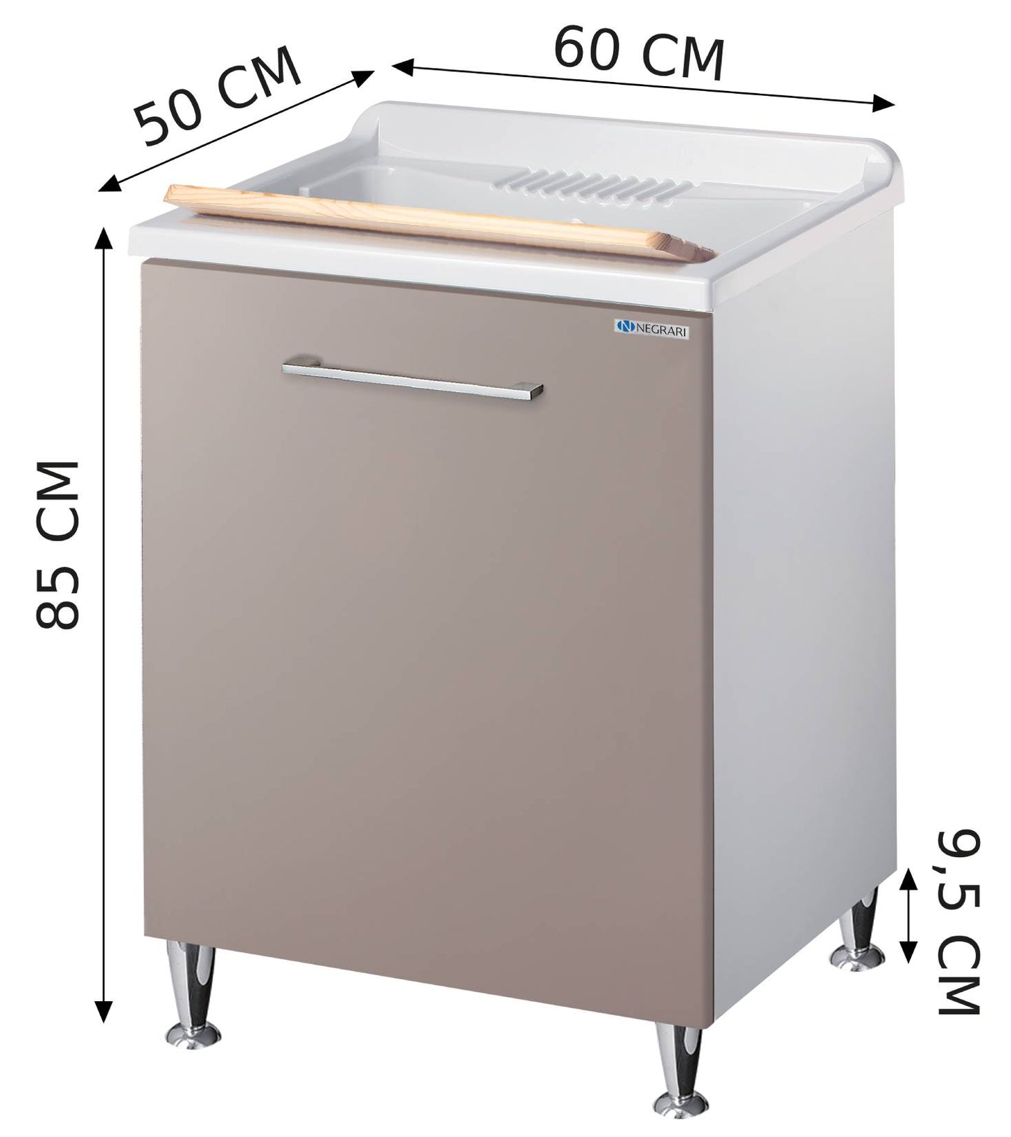 Negrari Vincente 3002RSG Lavatoio Bianco e Grigio Pietra 60x50 H85 cm Mobile Lavanderia Montato Nobilitato Idrofugo Per Interno Anta Angoli Stondati Apertura a Ribalta Vasca Polipropilene Asse Legno Cestone Portabiancheria Estraibile Sifone Piletta Piedi