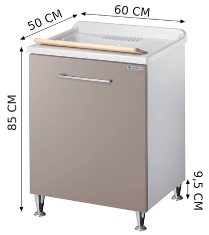 Negrari Vincente 3002RSG Lavatoio Bianco e Grigio Pietra 60x50 H85 cm Mobile Lavanderia Montato Nobilitato Idrofugo Per Interno Anta Angoli Stondati Apertura a Ribalta Vasca Polipropilene Asse Legno Cestone Portabiancheria Estraibile Sifone Piletta Piedi