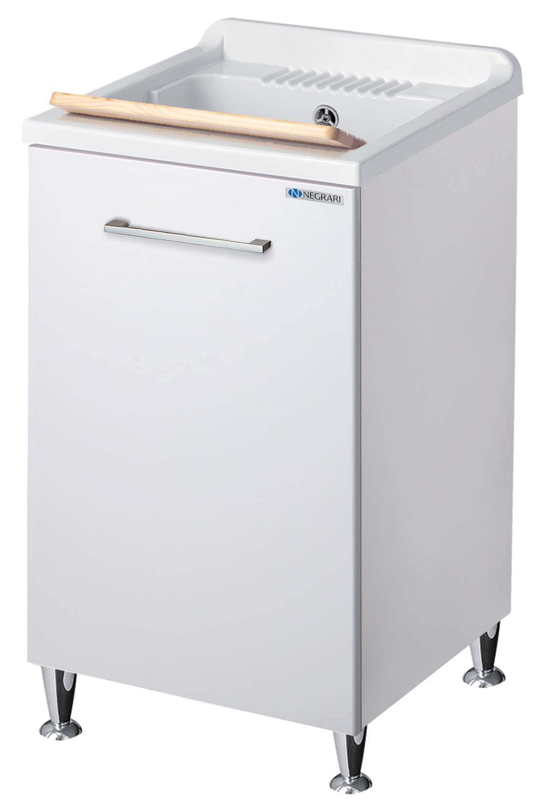 Negrari Vincente 3006R Lavatoio Bianco Lucido 45x50 H85 cm Mobile Lavanderia Montato Nobilitato Idrofugo Per Interno Anta Angoli Stondati Apertura a Ribalta Vasca Polipropilene Asse Lavaggio Legno Cestone Portabiancheria Estraibile Sifone Piletta Piedi